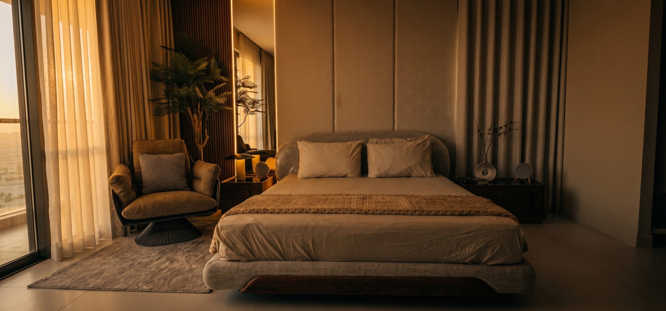 Rest — Serene master bedroom retreat at golden hour