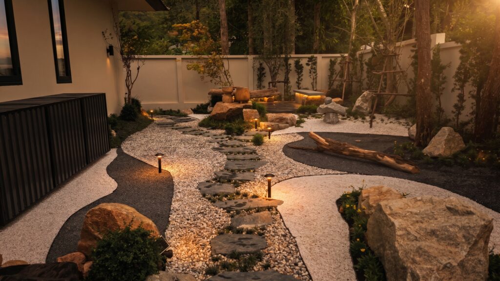 Landscaped tropical rock garden and mature trees