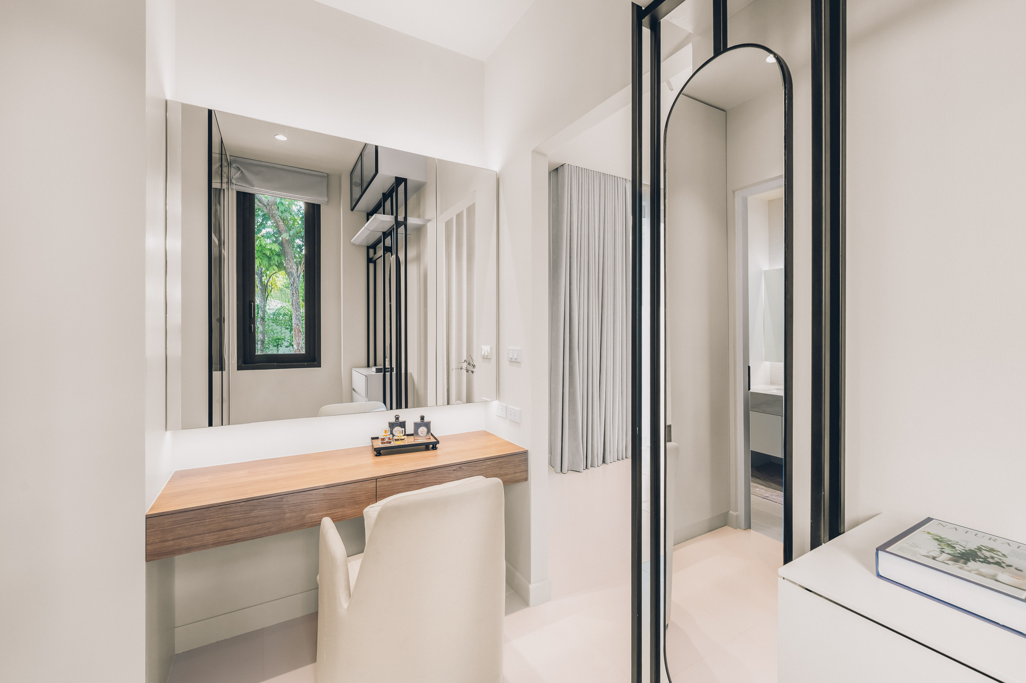 Floating Vanity & Mirrored Cabinet — Guest bathroom vanity with integrated storage mirror and high clerestory window (Photo #31)